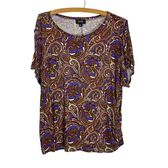 Jones New York Paisley Lace Up Short Sleeve Dressy Tee Top Size L NWT - Picture 2 of 10